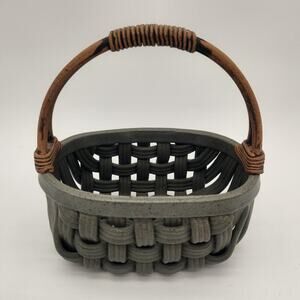 Woodsy Moss Green & Brown Ceramic Basket For Easter‎ Bunny Flowers Artist Stamp